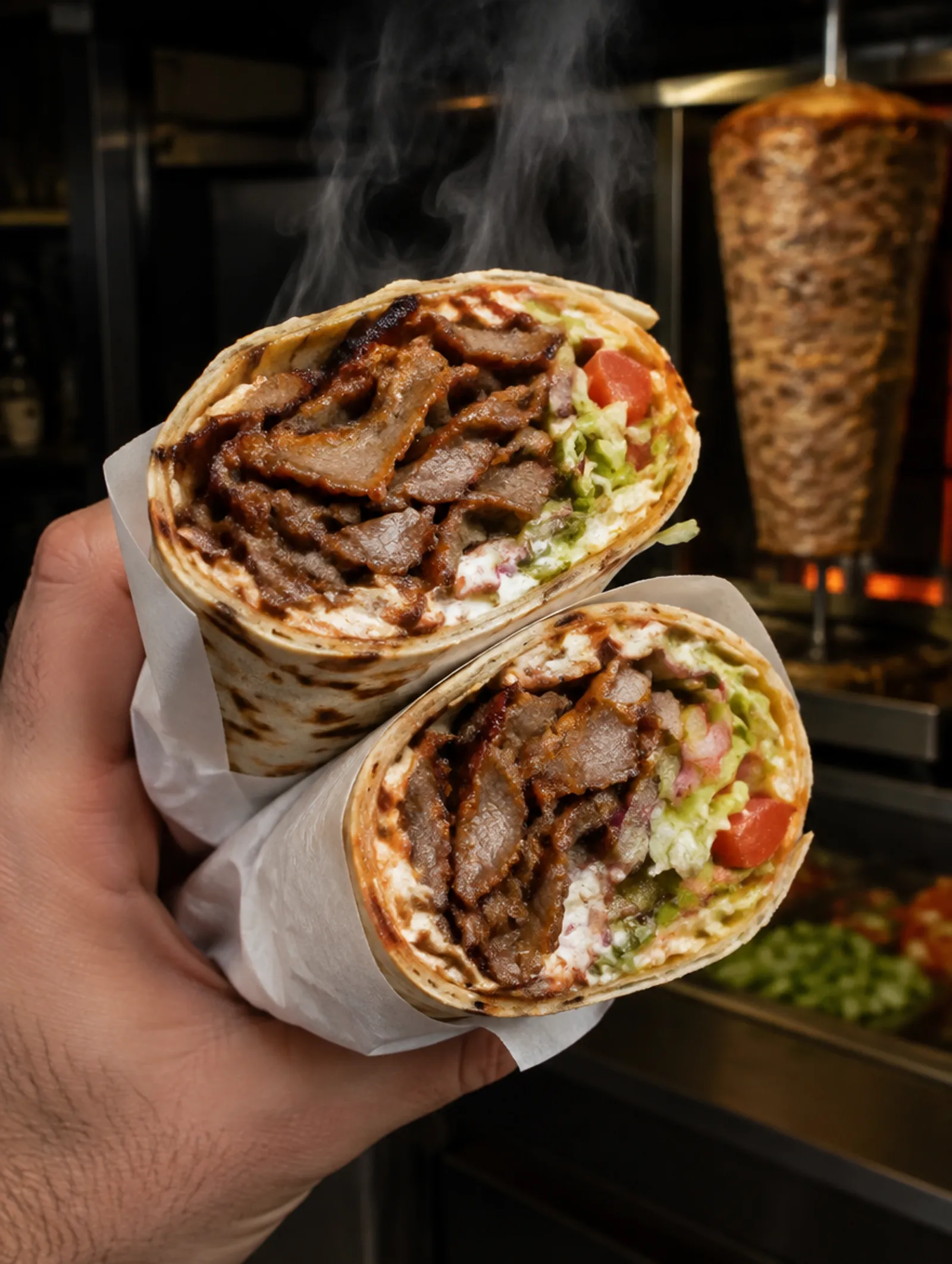 Sfeerbeeld: dürüm döner doorgesneden, met salade en saus